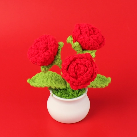 Handgemaakte Gehaakte Roos Potplant Kunstmatige Gebreide Bloemen Mini Bureau Ornament Voor Thuis Kantoor Auto Decoratie Cadeau