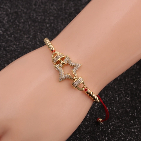 Copper Star Bracelet With Micro Pave Zircon Adjustable Braided Rope Bohemian Ethnic Style For Women Jewelry
