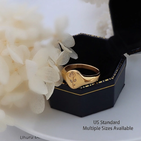 Vintage Rose Flower Engraved Signet Ring Stainless Steel 18K Gold Plated Minimalist French Style Jewelry For Women Girls