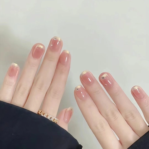 Handmade Press On Nails Pink Gradient French Style Rhinestone ABS Sweet Square Round For Women Beauty