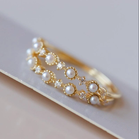 Bague En Cuivre Avec Perles D Eau Douce Et Zircon Plaqué Or Mince Empilable Élégant Style Japonais Bijoux Femmes