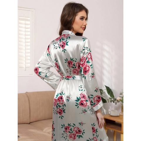 Albornoz De Satén Con Estampado Floral Para Mujer Manga Larga Cuello En V Ropa De Dormir Poliéster Bata Elegante Camisón