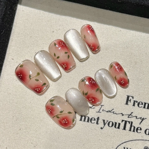 Handmade Press On Nails Cherry Floral Pattern Cat Eye Effect Hand Painted 3D Elegant False Nails For Women Office Wear