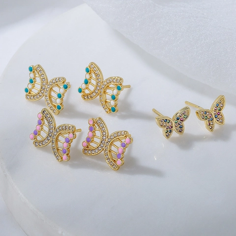 Orecchini A Lobo Farfalla Rame Placcato Oro Zircone Smalto Colorato Stile INS Gioielli Eleganti Donna
