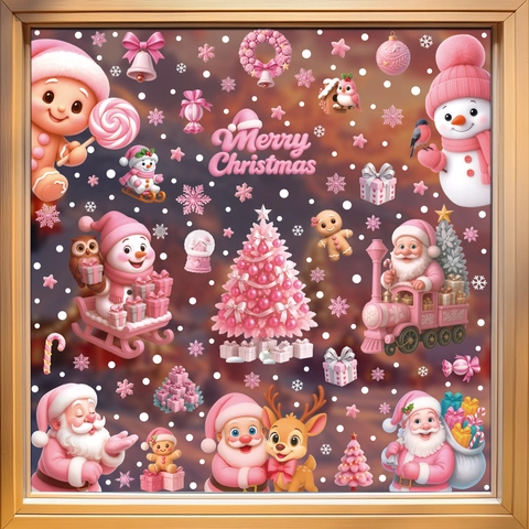 Christmas Window Clings Pvc Static Stickers 3D Cartoon Pink Santa Claus Gingerbread Man Double Sided Reusable Holiday Decor