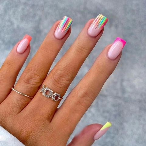Kleurrijke Regenboog French Tip Press On Nagels Vierkante Kunstnagels Manicure Voor Dames