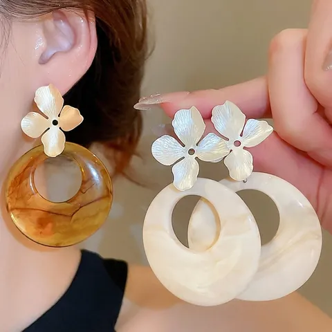 Flower Stud Hoop Earrings With 925 Sterling Silver Earring Post Resin Large Hollow Retro Statement Jewelry For Women