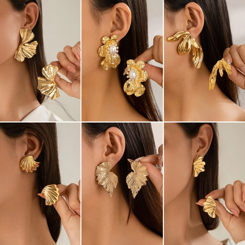 Statement Legierung Ohrringe Metall Ginkgo Blatt Muschel Blume Form Gehämmert Texturiert Übergroß Stahl Ohrstecker