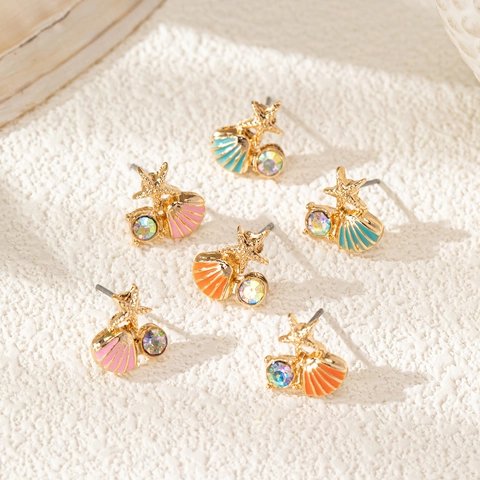 Marine Starfish Shell Asymmetric Stud Earrings Gold Plated Alloy Rhinestone Enamel Ocean Style Jewelry For Women Gift