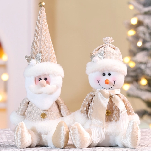 Poupées De Noël En Peluche Assises Père Noël Bonhomme De Neige Renne Ornements Or Champagne Tissu Tricoté Fausse Fourrure