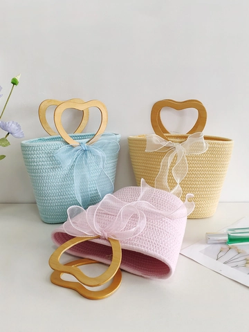 Borsa Intrecciata A Mano Con Manici In Legno A Forma Di Cuore E Fiocco In Nastro Trasparente Stile Macaron Estate