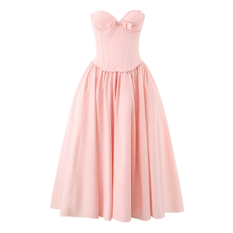 Vestito Midi Corsetto Senza Spalline Scollo Cuore Stecche Fiocco Allacciatura Vita Alta Pieghe Poliestere Donna Festa