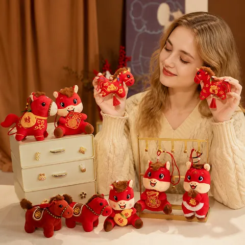Zodiac Horse Mascot Plush Pendant Year Of The Horse Lucky Charm Embroidered Stuffed Animal Red Bag Keychain Chinese New Year Gift