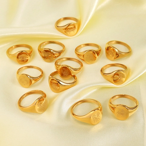 Vintage Zodiac Signet Ring Stainless Steel 18K Gold Plated Engraved Astrology Horoscope Jewelry For Women Men
