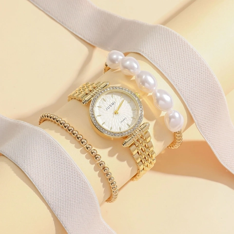 Orologio Al Quarzo Da Donna E Bracciali Con Künstliche Perle Sintetiche Lega Dorata Strass Gioielli Eleganti