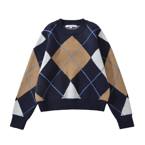 Maglione In Maglia Argyle Da Donna Girocollo Maniche Lunghe Stile Retro Preppy Acrilico Cotone Multicolore