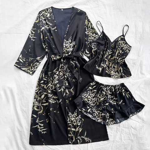 Elegant Floral Print Satin Robe Camisole And Shorts Loungewear V Neck Long Sleeve Belted Lightweight Sleepwear For Women