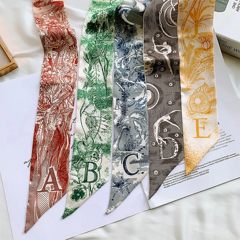 Women Initial Letter Print Narrow Long Satin Scarf Hair Band French Retro Satin Handbag Handle Ribbon Elegant Neck Scarf
