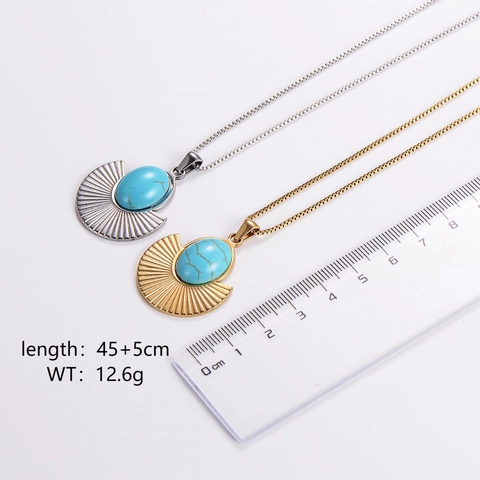 Vintage Fächerförmige Anhänger Halskette 316L Edelstahl Mit Türkis Inlay Bohemian Stil Schmuck Für Damen