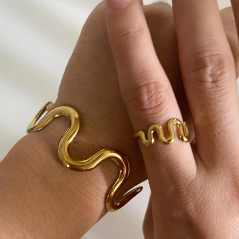 Minimalist Wave Geometric Bracelet And Ring Stainless Steel 18K Gold Plated Open Cuff Bangle Jewelry For Women