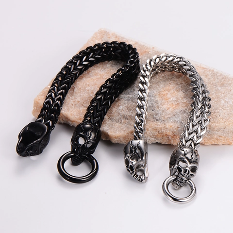 Bracciale Con Teschio Acciaio Inossidabile 316L Gothic Punk Doppia Fila Catena Di Grano Chiusura Ad Anello