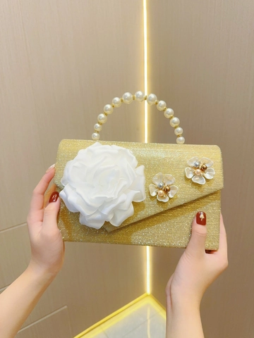 Evening Bag Glitter Sequin Handbag Artificial Pearl Handle Fabric Flower Wedding Party Elegant Retro Women Shoulder Chain Clutch