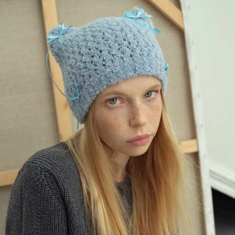 Women Cute Cat Ears Knitted Beanie Hat With Bow Ribbons Solid Color Handmade Crochet Warm Wool Blend Winter Skull Cap Accessory