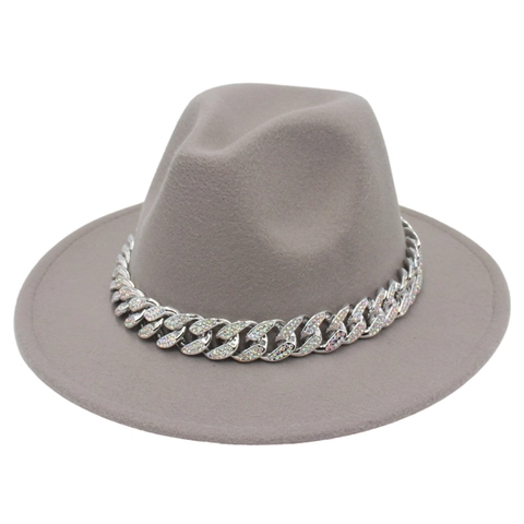 Fedora Hat Wool Felt Wide Brim Jazz Cap With Rhinestone Cuban Metal Chain Fashion Accessory