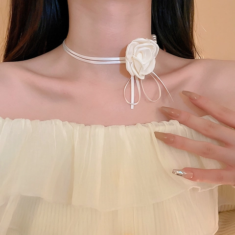 French Retro 3D Rose Flower Choker Necklace With Satin Fabric Ribbon Imitation Artificial Pearl Sweet Elegant Jewelry For Women
