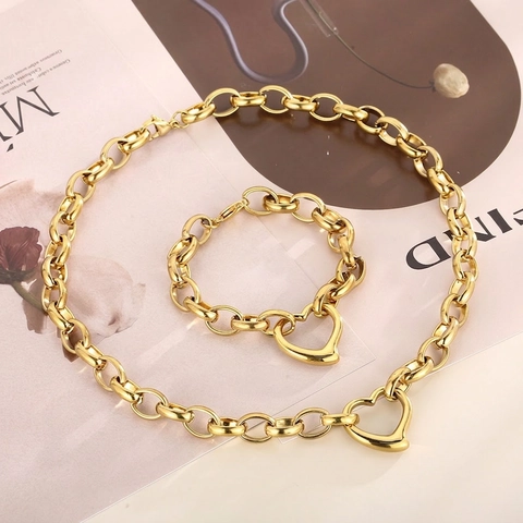 Stainless Steel Heart Pendant Necklace Bracelet And Earrings Fashion Jewelry Bold Chain Polished Elegant For Women