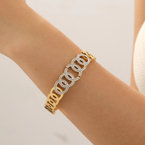 Ineinandergreifende Kreise Armreif Edelstahl Vergoldet Mit Strass Geometrischer Modeschmuck Für Damen