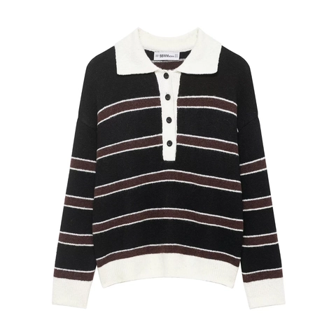 Suéter De Punto A Rayas Para Mujer Poliéster Cuello Polo Manga Larga Retro Suelto Con Botones