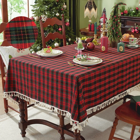 Christmas Plaid Tablecloth Polyester Cotton Blend Rectangular Table Cover With Tassels Gold Thread Holiday Home Decor