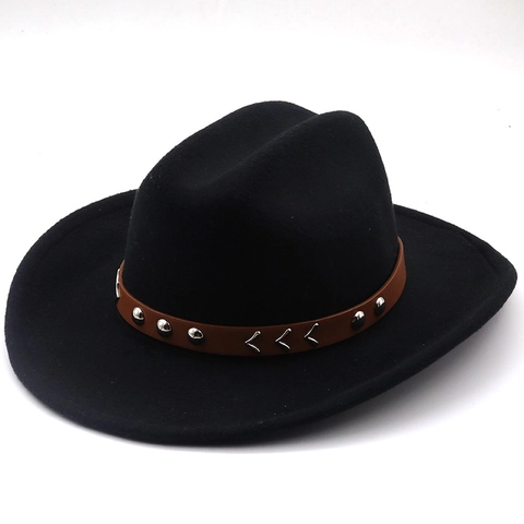 Cappello Fedora Cowboy Western Feltro Di Lana Tesa Larga Stile Britannico Retrò Con Fascia In Pelle E Borchie Per Uomo Donna