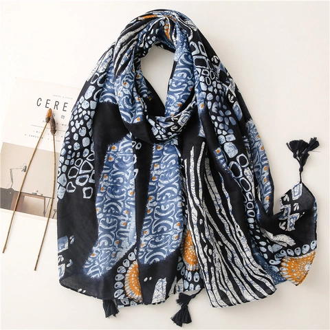 Lange Sjaal Met Etnische Print Polyester Katoen Linnen Gevoel Met Kwastjes Retro Boho Stijl Voor Dames Omslagdoek