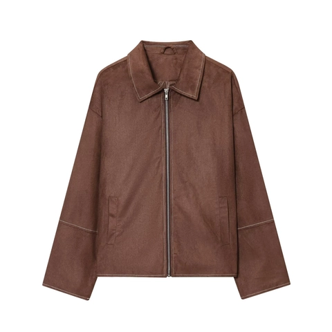 Dames Losse Faux Suède Jas Lange Mouwen Rits Revers Contrastnaden Bruin Casual Streetwear Bovenkleding Met Zakken