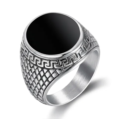 Vintage Men Signet Ring 316L Stainless Steel Black Enamel Greek Key Meander Pattern Dragon Scale Textured Punk Style Jewelry