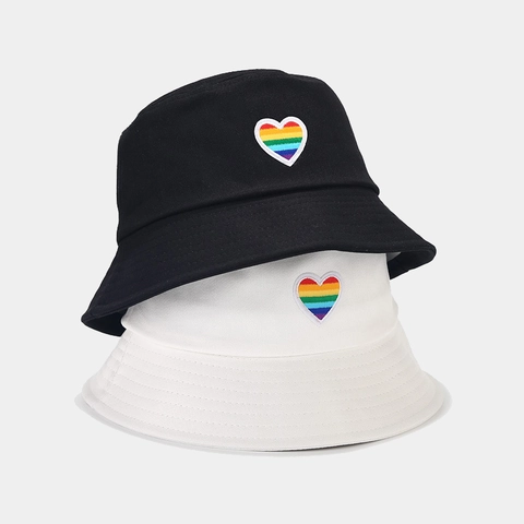 Cappello da Pescatore in Cotone Con Ricamo Cuore Arcobaleno Per Donna Protezione Solare Cappello Estivo Pieghevole
