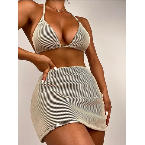 Top De Bikini Y Braga Y Falda Para Mujer Acanalado Cuello Halter Traje De Baño Ropa De Playa Color Sólido Sexy