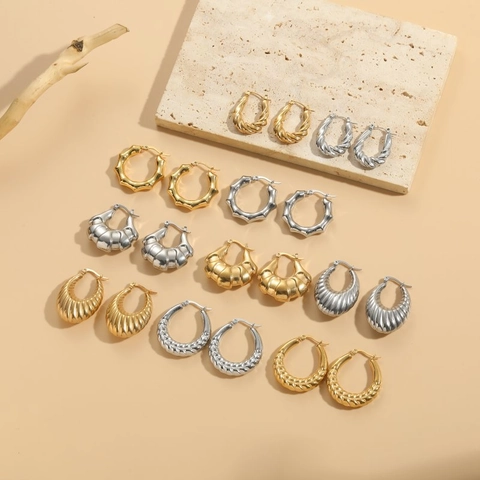 Orecchini A Cerchio In Acciaio Al Titanio Placcati Oro 14K Geometrici Testurizzati Retro Francese Gioielli Minimalisti Donna