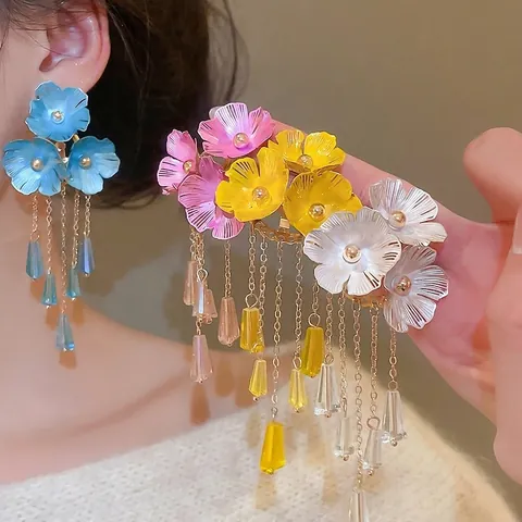 Pendientes Colgantes De Borla Floral Elegante Diseño De Flor Con Poste De Plata Flecos Largos Para Mujeres Joyería De Lujo