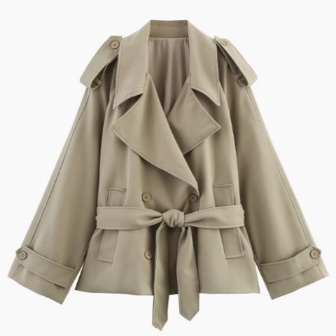 Dames Korte Trenchcoat Polyester Double Breasted Met Riem Revers Lange Mouwen Casual Modieuze Jas