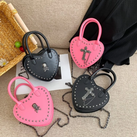 Borsa A Mano Cuore In Pelle PU Catena Borchie Croce Teschio Gothic Punk Borsa Tracolla Donna