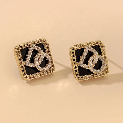 Orecchini A Lobo Quadrati Geometrici Retrò Con Smalto E Lettera In Strass Lega 925 Sterling Silver Earring Post Da Donna