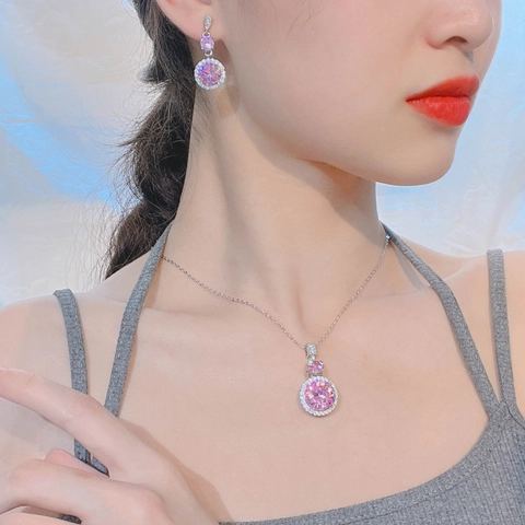 Pink Zircon Rhinestone Necklace And Earrings Halo Round Pendant Romantic Luxury Accessory For Women