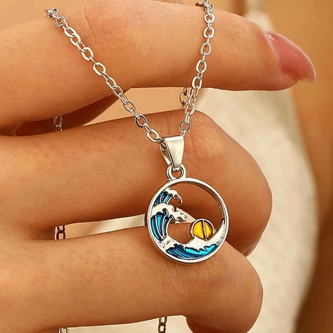 Alloy Enamel Sea Wave Sun Pendant Necklace For Women Silver Tone Blue Water Drop Faux Artificial Pearl Crystal Hawaiian Beach Jewelry