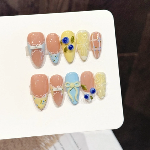 Handmade Press On Nails 3D Lemon Blueberry Sweet Fresh Style Long Almond Shaped Artificial Fingernails For Women