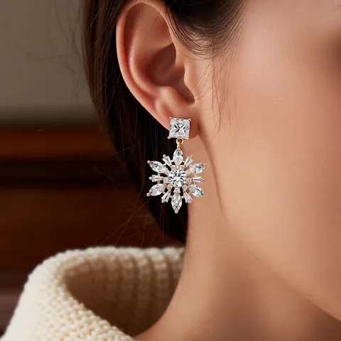 Snowflake Drop Earrings With Cubic Zirconia Copper And Silver Earring Post Luxury Winter Jewelry For Women