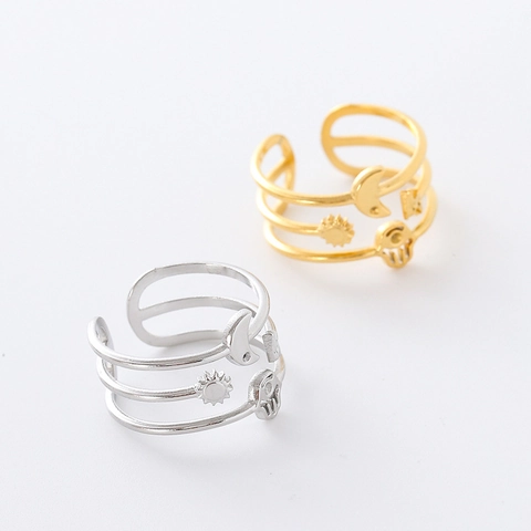 Anello Aperto Multistrato Acciaio Inossidabile 304 Regolabile Celeste Sole Luna Stella Mano Di Fatima Charms Gioielli Boho Donne