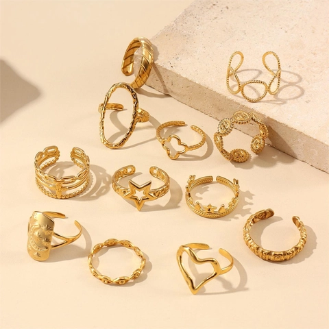 French Style Celestial Star Moon Heart Evil Eye Vintage Bohemian 18k Gold Plated Stainless Steel Ring Open Adjustable